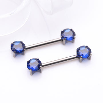 Detail View 1 of A Pair of Implant Grade Titanium OneFit Threadless Prong Gem Sparkle Nipple Barbell-Blue